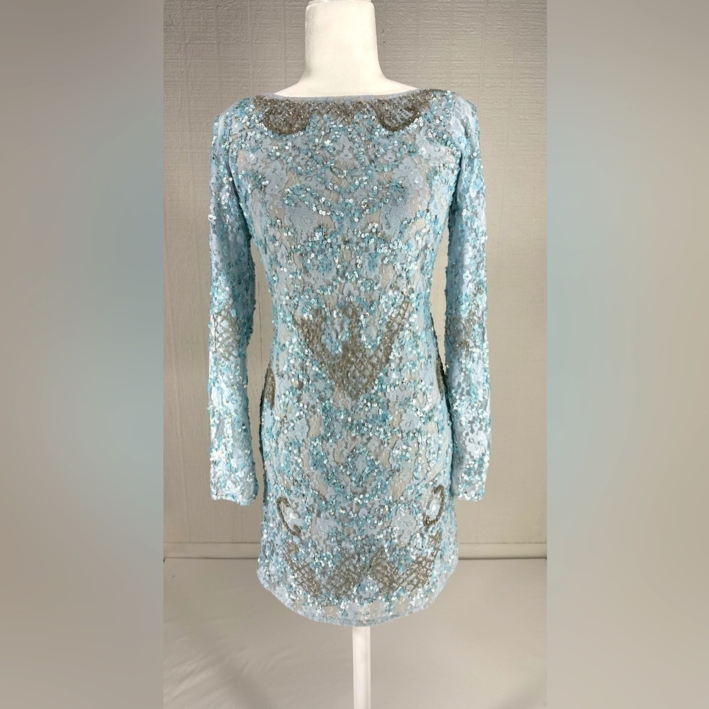 Aidan Mattox Pale Blue Embellished Long-Sleeve Mini Dress - Picture 2 of 15